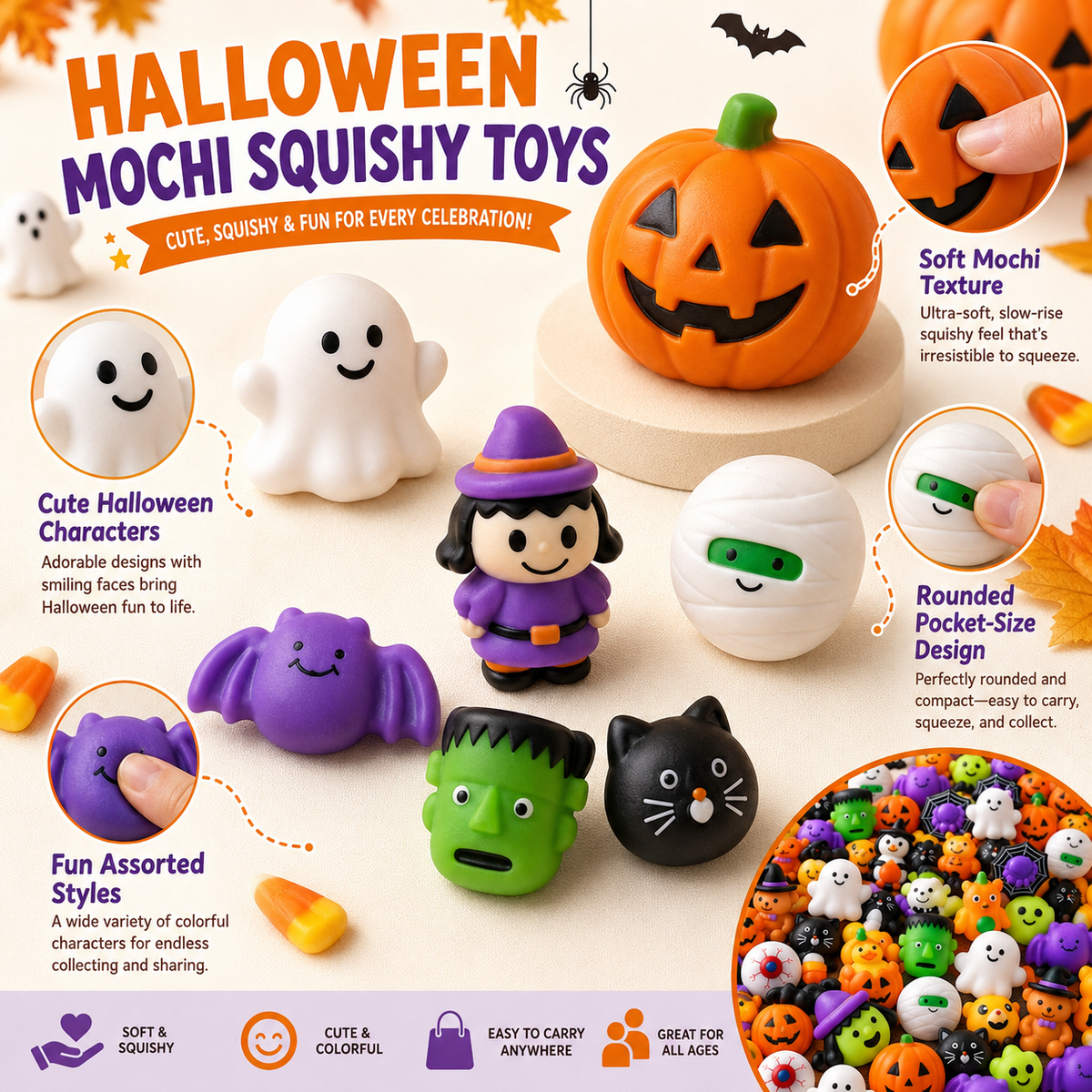 🎃Halloween Mochi Squishy Toys – Cute Sensory Party Favors & Goodie Bag Fillers