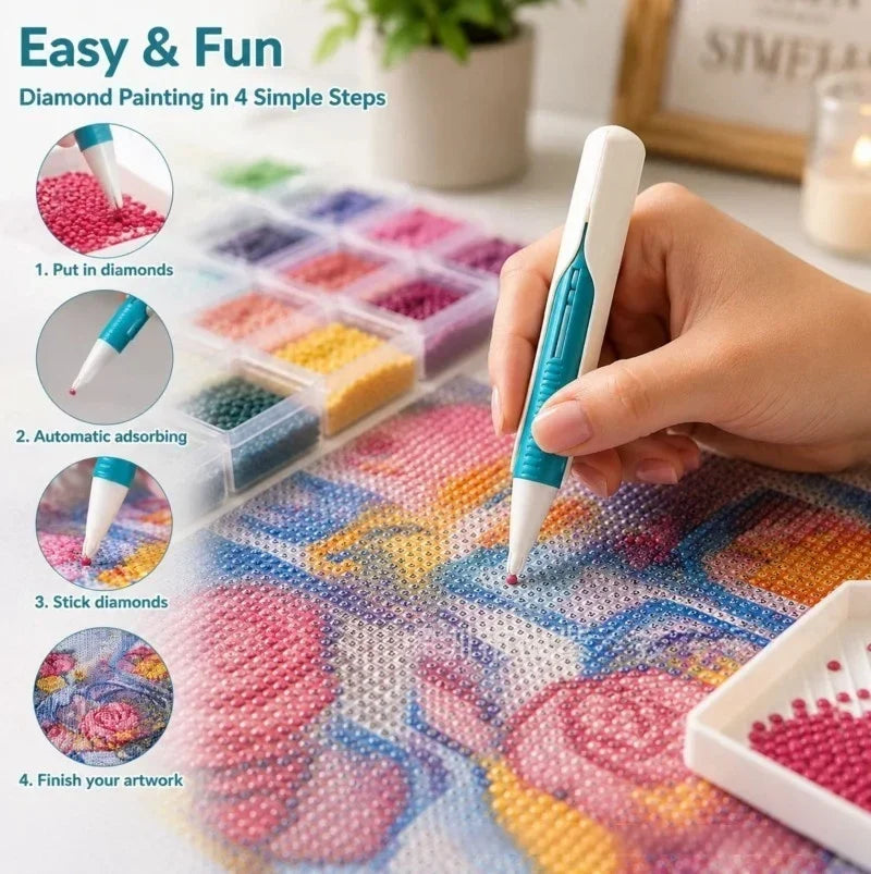 ⏰  Buy 3 Get 2 FREE – 💎 Automatic Diamond Painting Bead Dispenser Pen & Tray Set