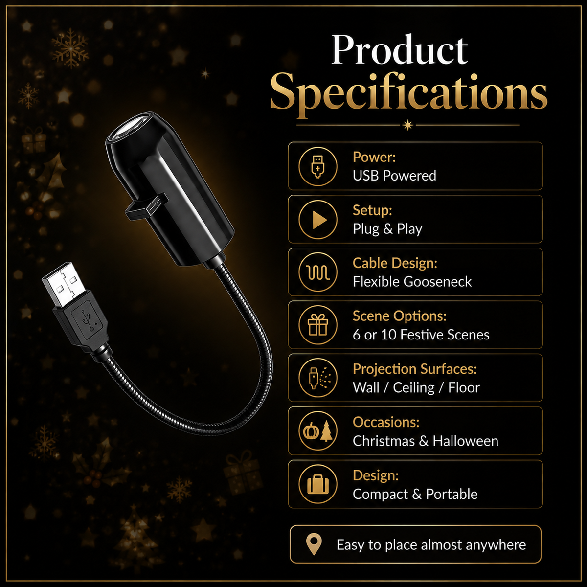 Plug-&-Play HD Christmas Projector – 6 or 10 Festive Scenes